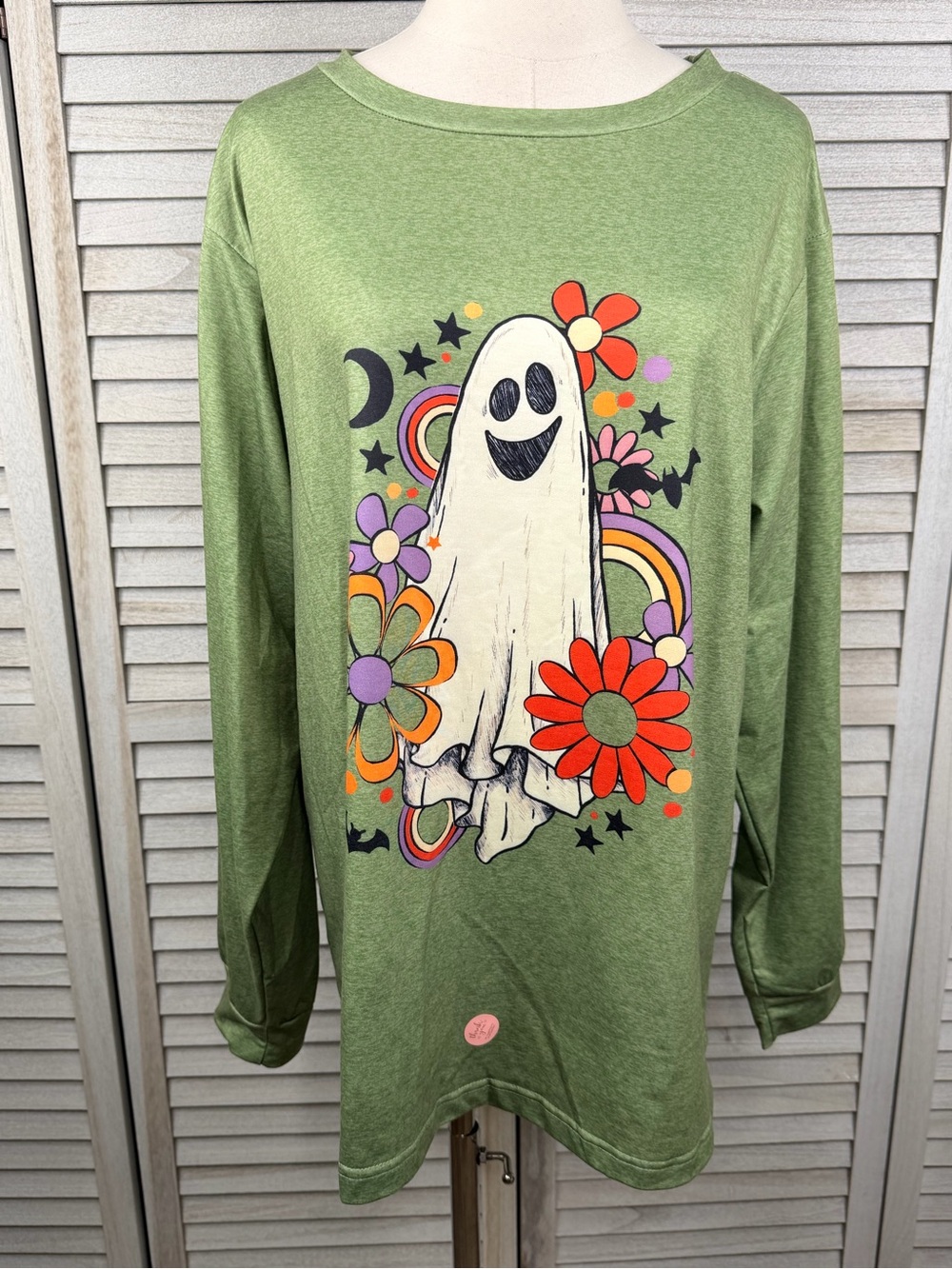 Women's Groovy Retro Ghost Long Sleeve Halloween T-Shirt Green/Multi-1XL